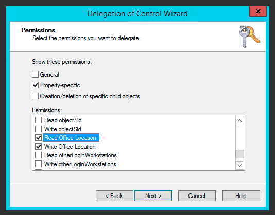 Office Location property visible in the permissions list after updating dssec.dat