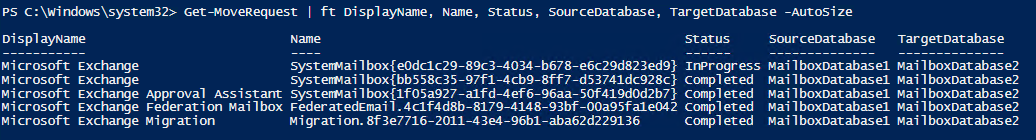 PowerShell output showing the arbitration mailbox move request status