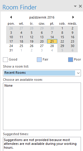 Outlook Room Finder showing no room suggestions and the warning that most attendees are not available during working hours.