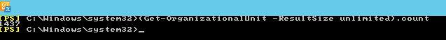 Exchange Management Shell showing the organizational unit count