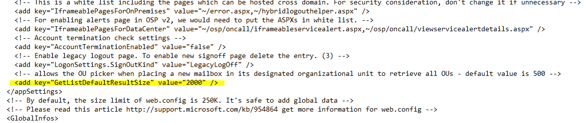 web.config appSettings entry added to increase the ECP OU picker result size