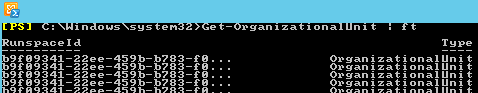 Exchange Management Shell output showing organizational units returned by Get-OrganizationalUnit
