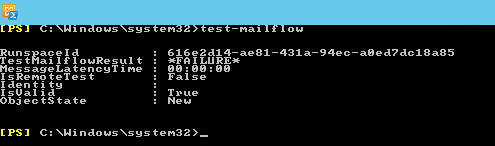 PowerShell verification of the failed Test-Mailflow result