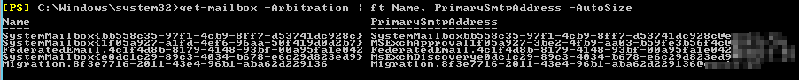 PowerShell output of arbitration mailboxes and SMTP addresses