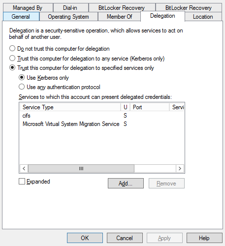 Delegation settings with CIFS and Microsoft Virtual System Migration Service selected