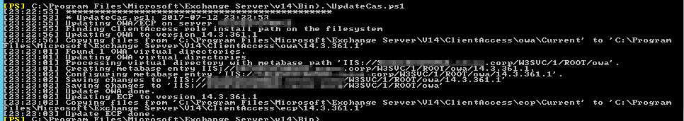UpdateCas.ps1 output in Exchange Management Shell showing OWA and ECP virtual directory update steps.