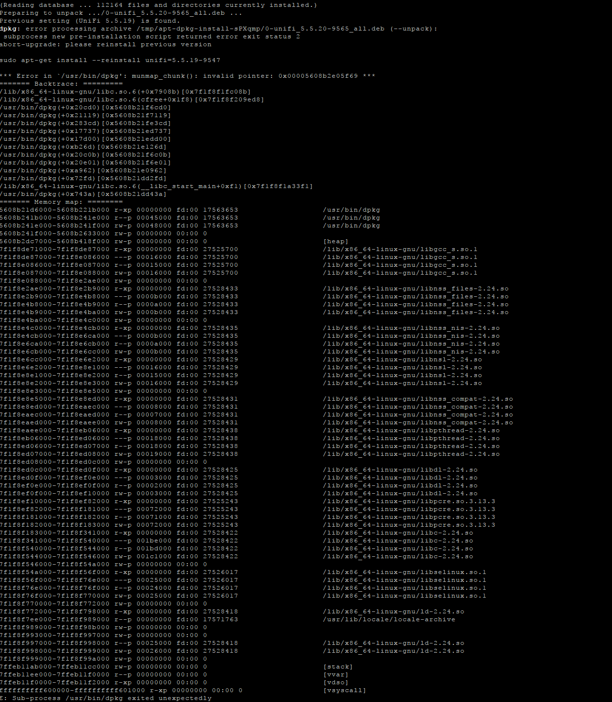 UniFi package upgrade failing in apt with dpkg pre-installation script error on Ubuntu