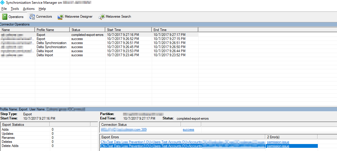 Synchronization Service Manager showing an Azure AD Connect export run ending with permission-issue
