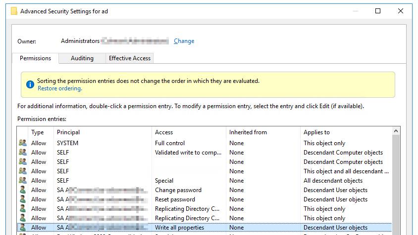 Permission entry showing Write All Properties enabled as the working fix for Azure AD Connect export