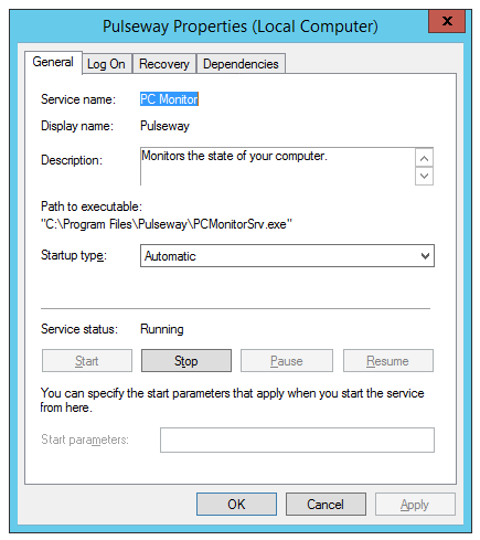 Pulseway service properties showing the display name Pulseway and the service name PC Monitor.