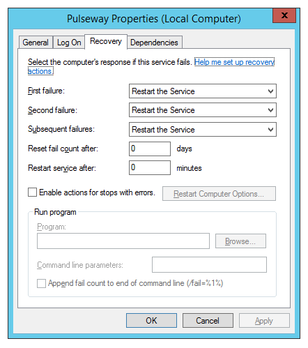 Pulseway service Recovery tab showing restart actions configured for first, second, and subsequent service failures.