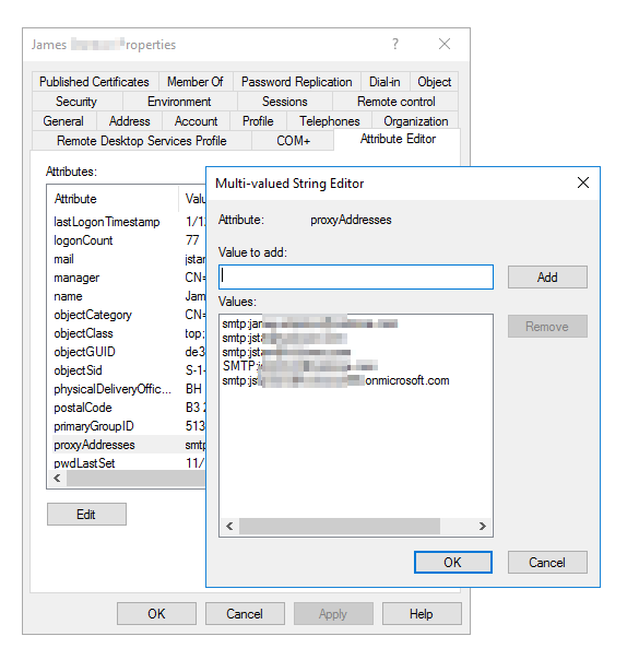 Active Directory user properties showing the ProxyAddresses attribute
