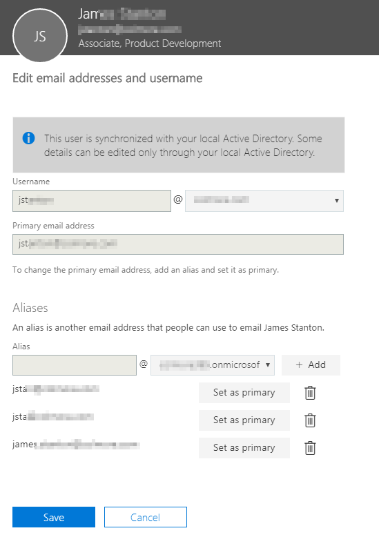Manual edit screen where the missing onmicrosoft.com address cannot be added directly