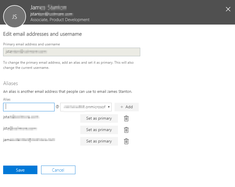 Email address management screen where the missing onmicrosoft.com alias can now be added