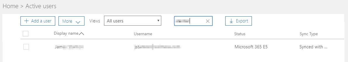 Office 365 admin view where the onmicrosoft address is still missing after sync