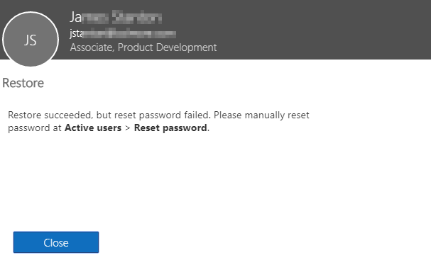 Restore user dialog prompting for an optional password reset