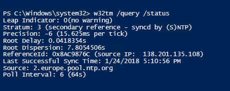w32tm query output confirming the server is synchronized with 2.europe.pool.ntp.org as the external time source.