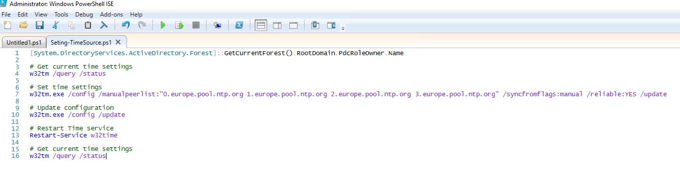 PowerShell ISE script configuring the domain time source with Europe NTP pool servers and restarting the Windows Time service.