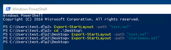 PowerShell console running Export-StartLayout to save the Start menu layout XML