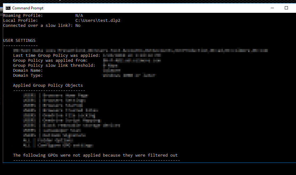 gpresult output confirming the Start menu Group Policy is applied to the test user