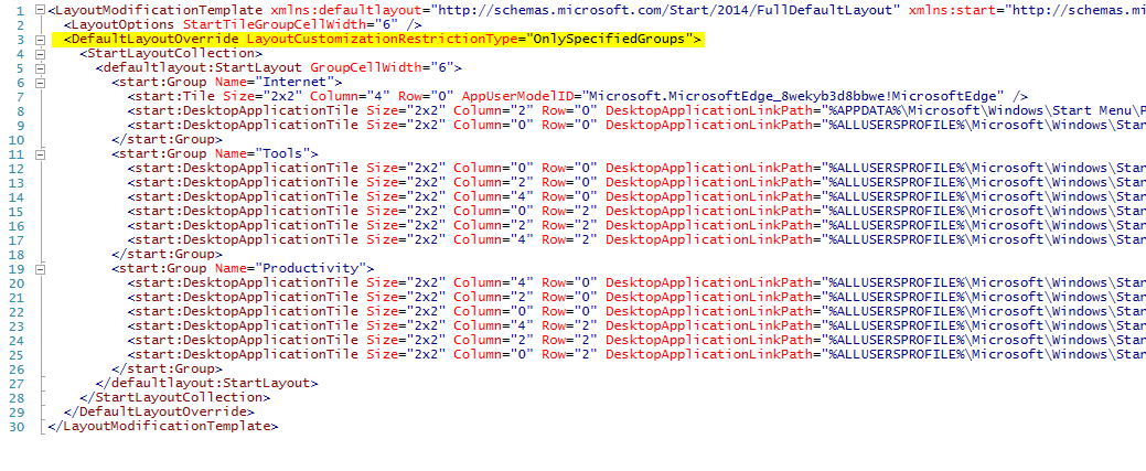 Start menu layout XML after adding OnlySpecifiedGroups to allow limited customization