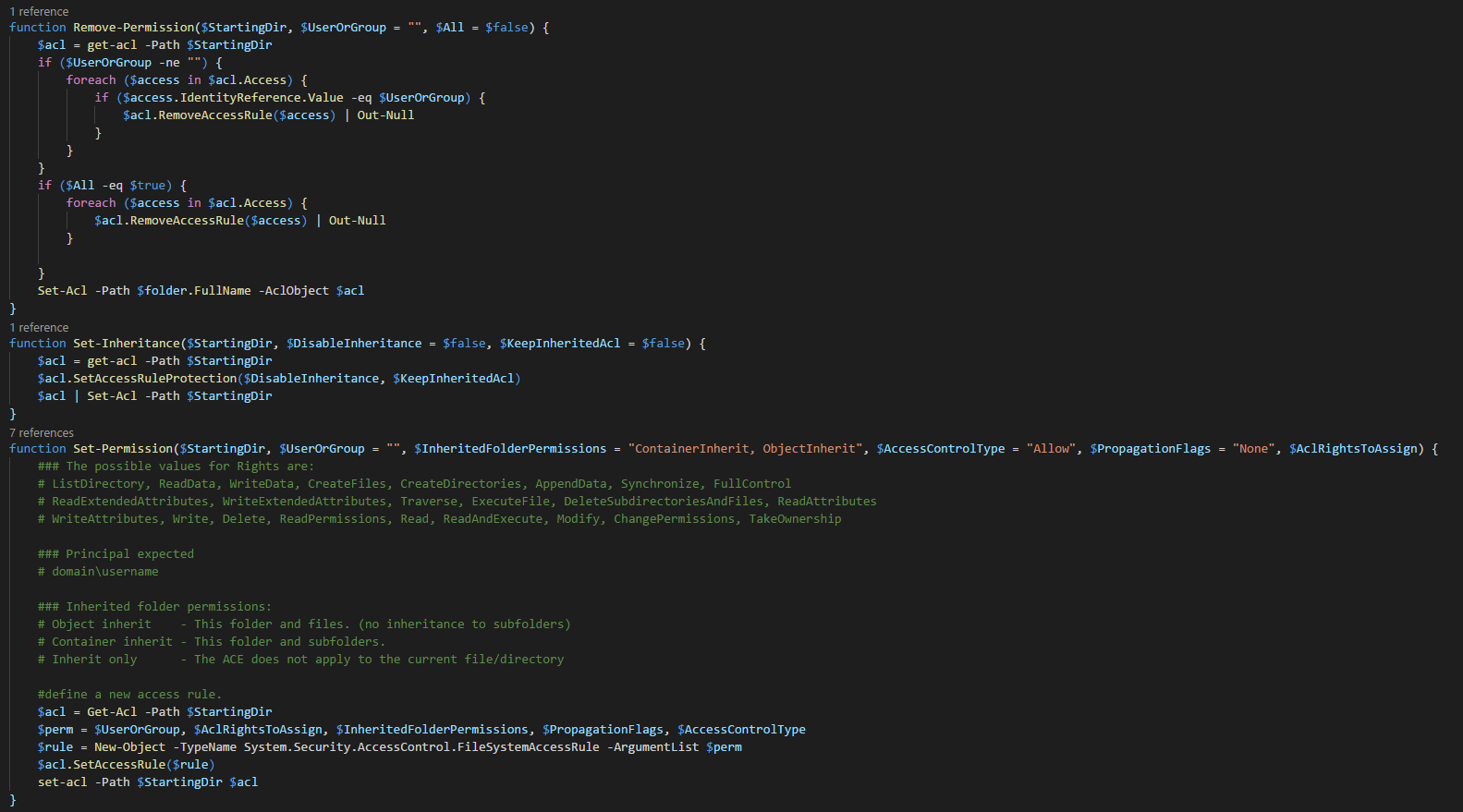 Visual Studio Code view of PowerShell helper functions for removing permissions, setting inheritance, and assigning NTFS access rules.