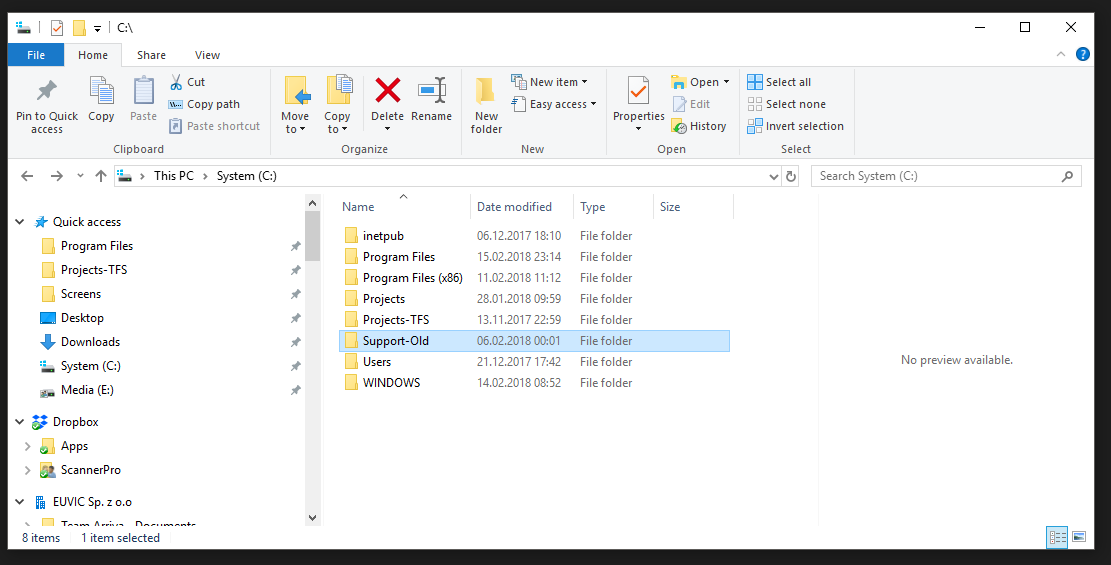 Windows File Explorer showing the renamed Support-Old folder on C: drive