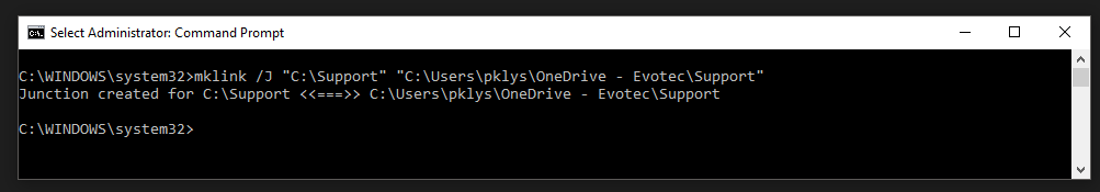 Administrator Command Prompt creating a junction from C:\\Support to OneDrive