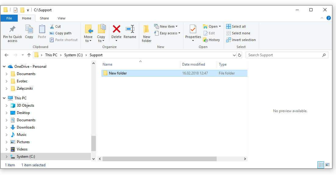File Explorer showing a new folder inside C:\\Support