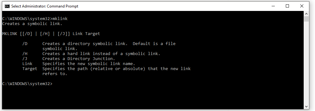 Administrator Command Prompt showing mklink help text
