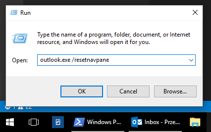 Windows Run dialog with the outlook.exe /resetnavpane command entered