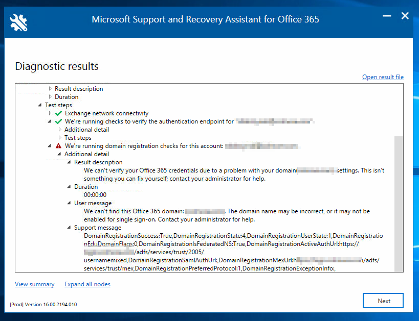 Microsoft Support and Recovery Assistant diagnostic results showing an Office 365 domain verification error