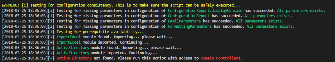 Event Monitoring configuration consistency check showing missing ActiveDirectory access after module prerequisite validation