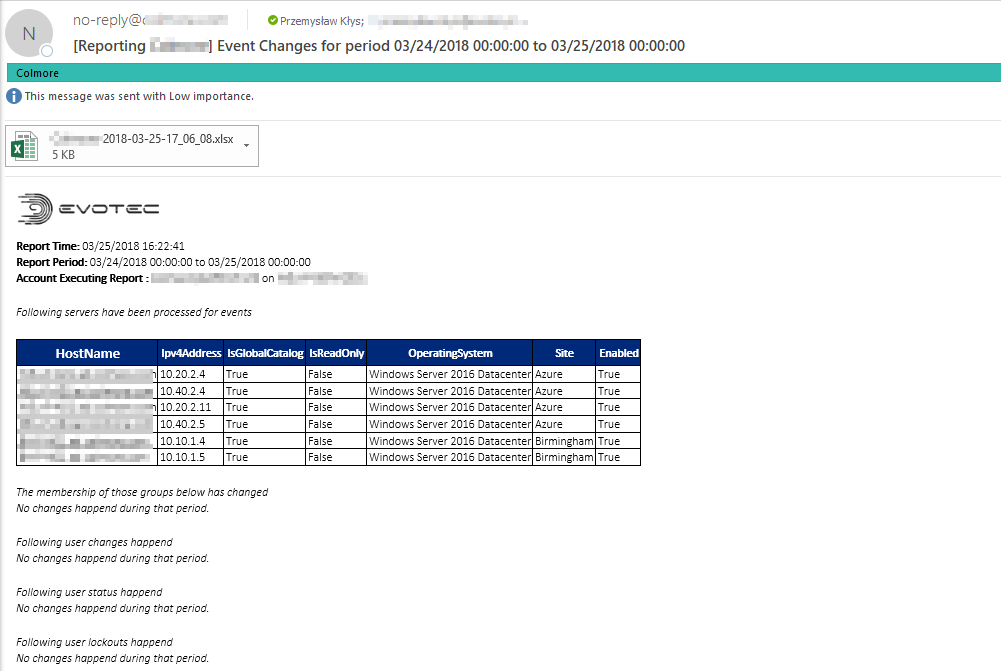 Event Monitoring email report with an attached Excel workbook and a table of processed domain controllers