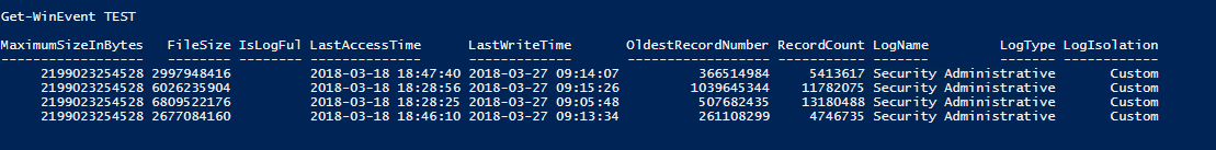Improved PowerShell results showing the correct 2 TB MaximumSizeInBytes value for the event log