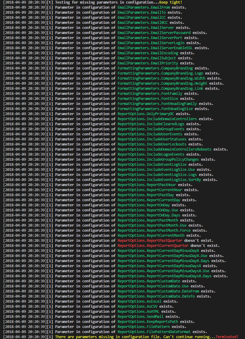 Write-Color example output showing timestamped configuration checks with highlighted parameter names and status text in different colors.