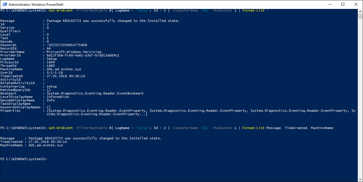 PowerShell output from Get-WinEvent displaying full details for a setup event