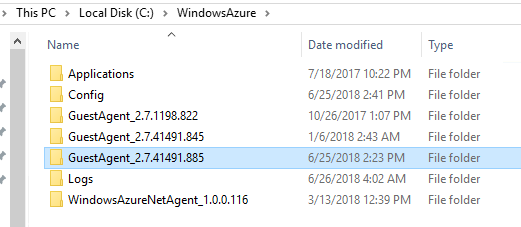 WindowsAzure folder opened to locate the Azure Guest Agent installation directory