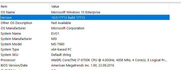 Windows 10 Insider build 17713 version information