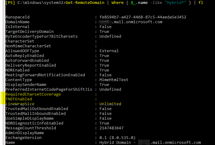 Exchange on-premises remote domain list showing Hybrid Domain entries with TNEFEnabled values