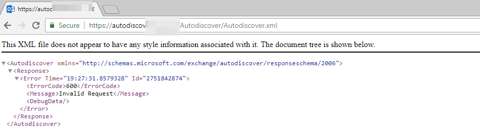 Connectivity test result showing that no account settings were returned from the autodiscover response