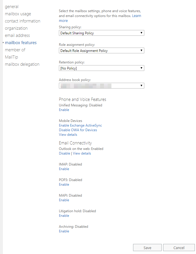 Exchange mailbox features screen showing MAPI disabled for the affected user mailbox