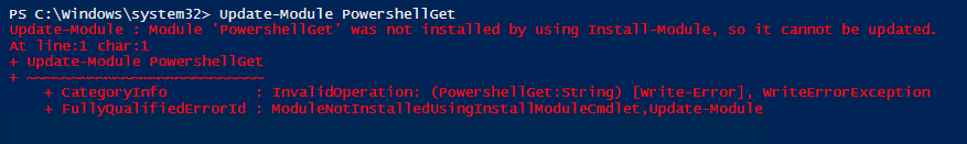 PowerShell error showing that Update-Module cannot update PowerShellGet because the module was not installed with Install-Module.