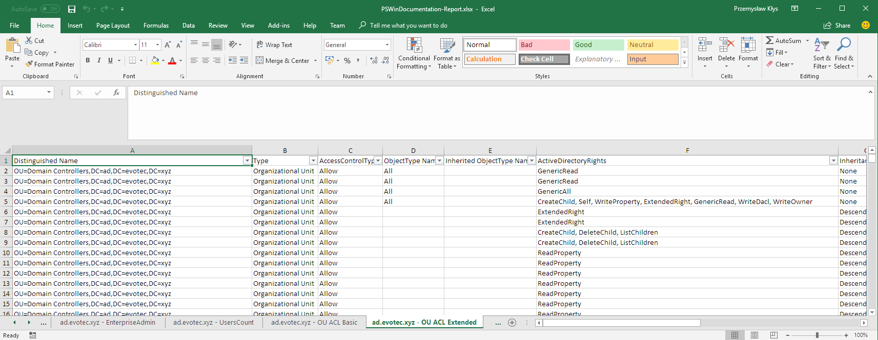PSWinDocumentation Excel export showing organizational unit ACL data for Active Directory.