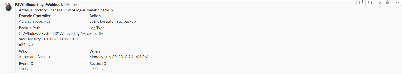 Slack notification sent by PSWinReporting for an incoming event