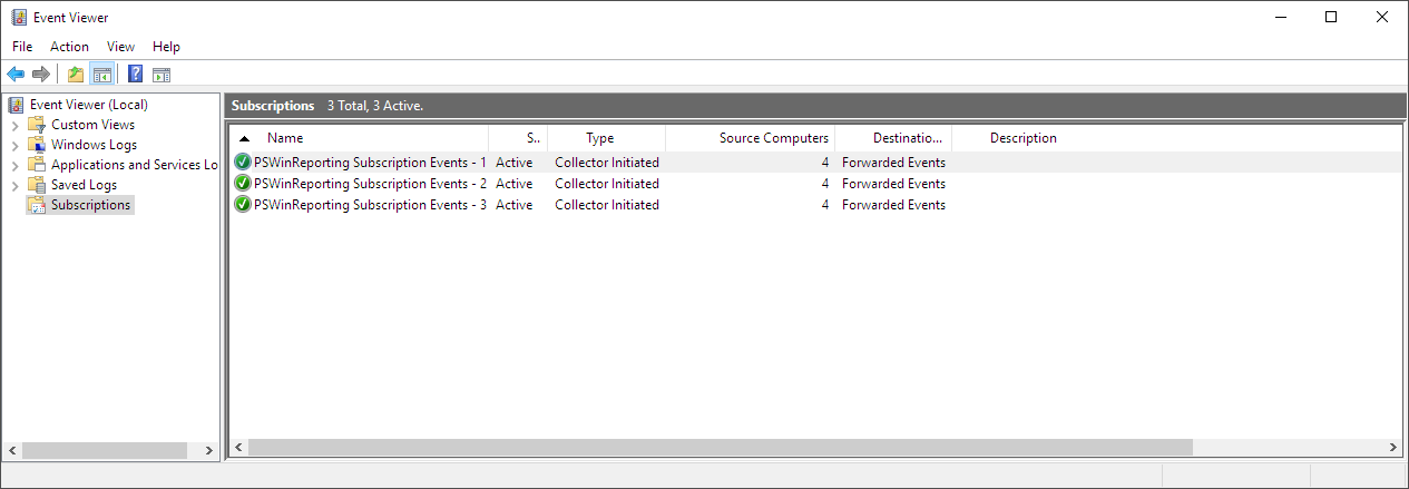 Event Viewer showing newly created PSWinReporting forwarding subscriptions