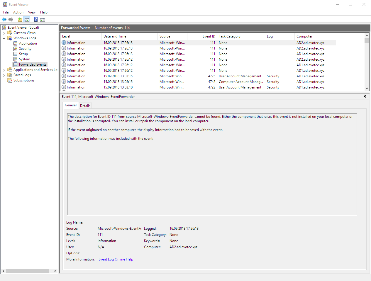 Forwarded Events log containing collected domain controller events
