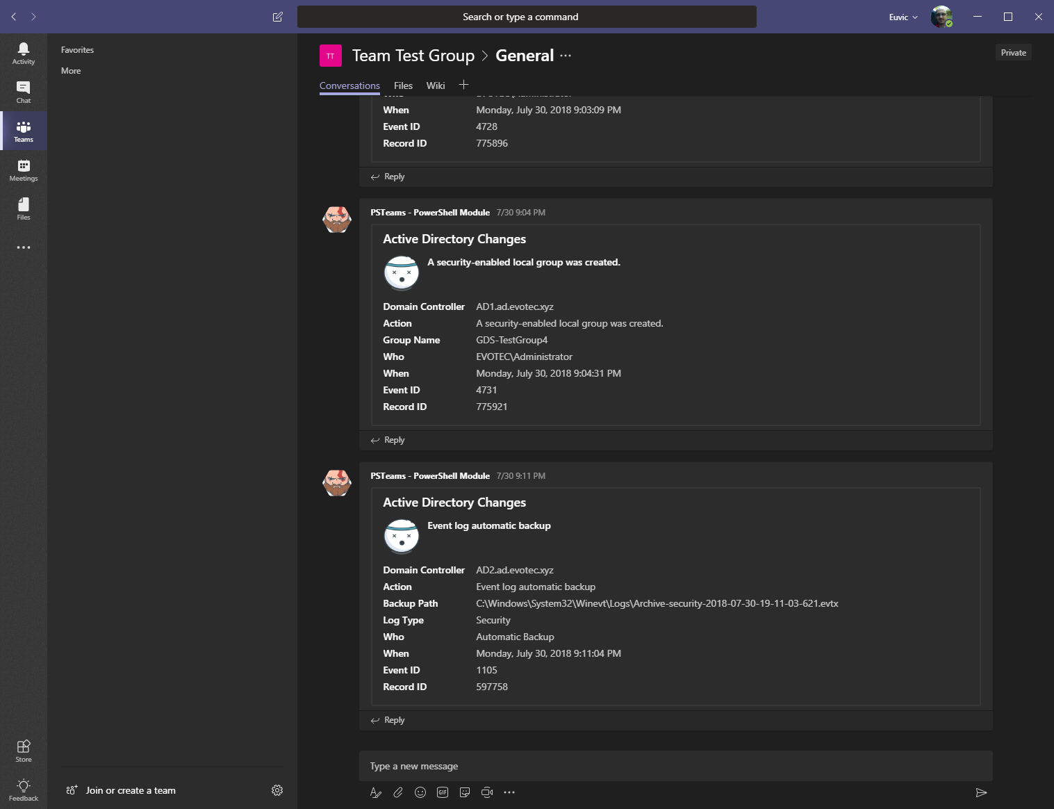 Microsoft Teams notification card generated from a forwarded event