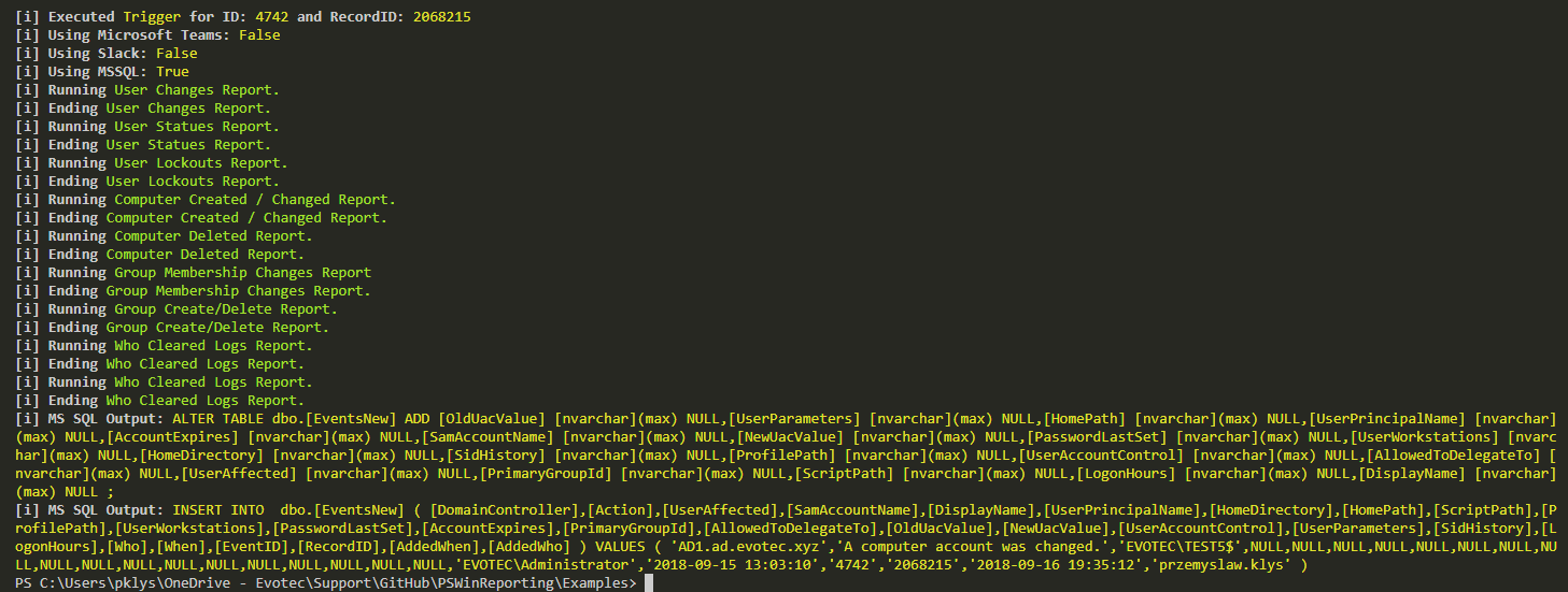 SQL output showing an ALTER TABLE before inserting an event with new fields