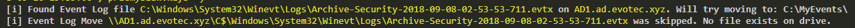 Backup log message showing an event log file copy was skipped because the file was missing